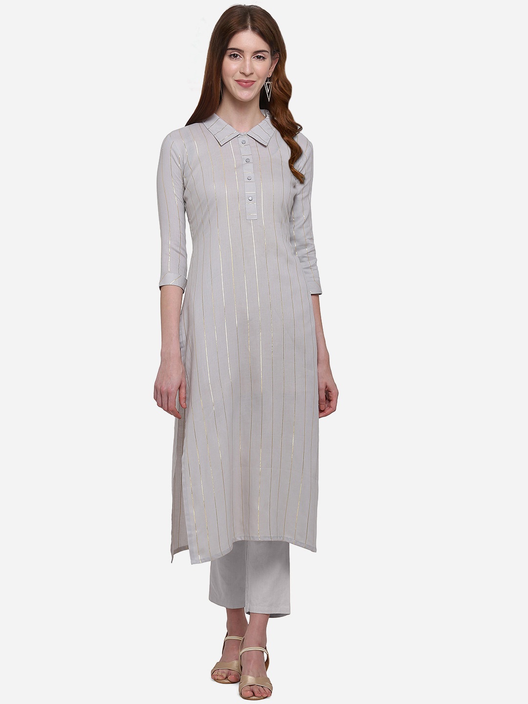 Kvsfab Women Grey Woven Design Straight Kurta