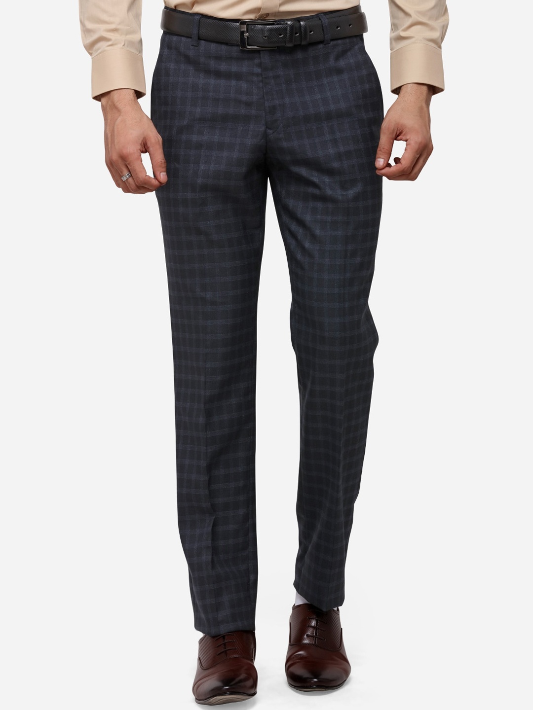 

Greenfibre Men Navy Blue Slim Fit Checked Formal Trousers