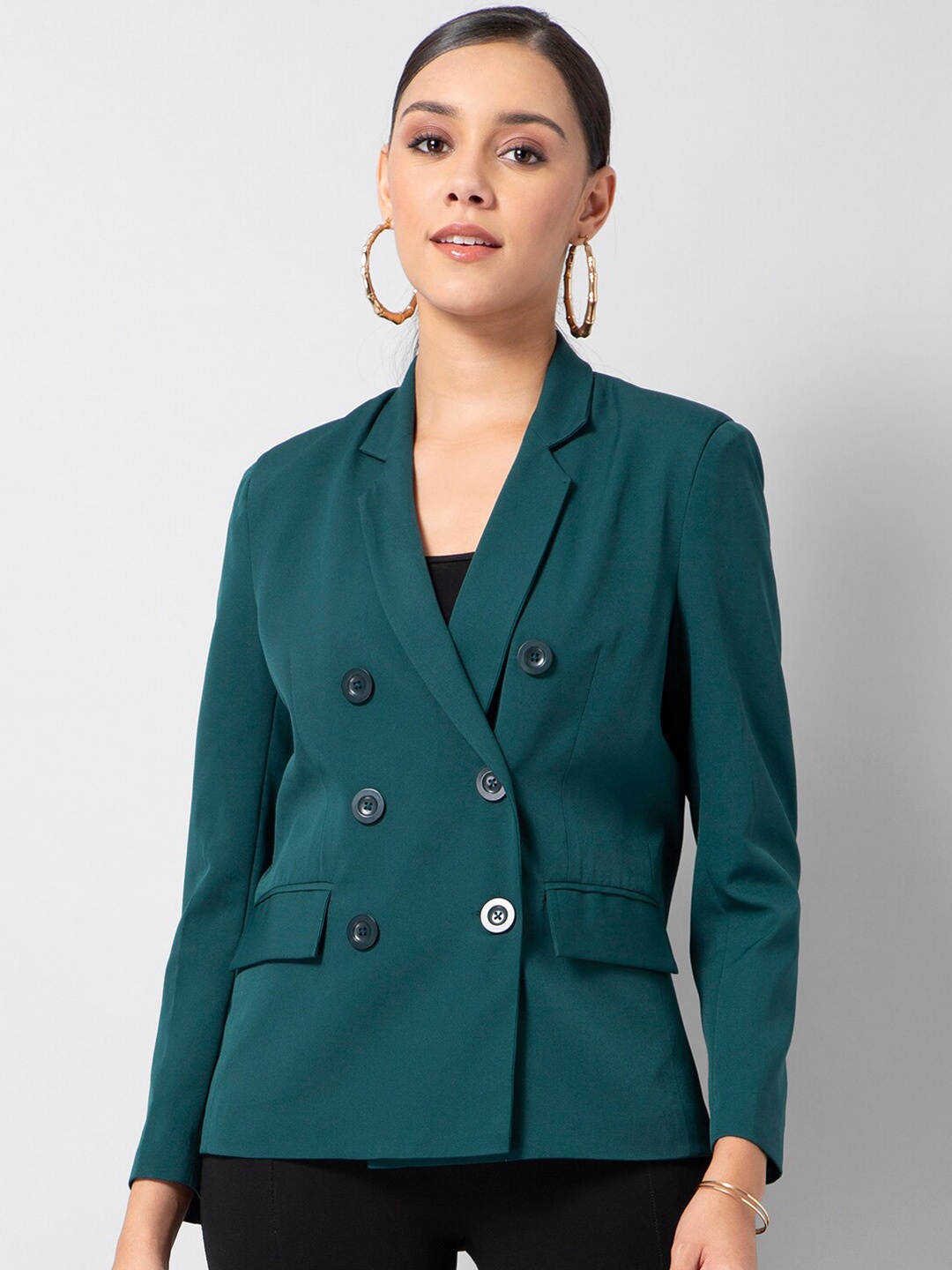 

FabAlley Women Teal Green Double-Breasted Formal Blazer
