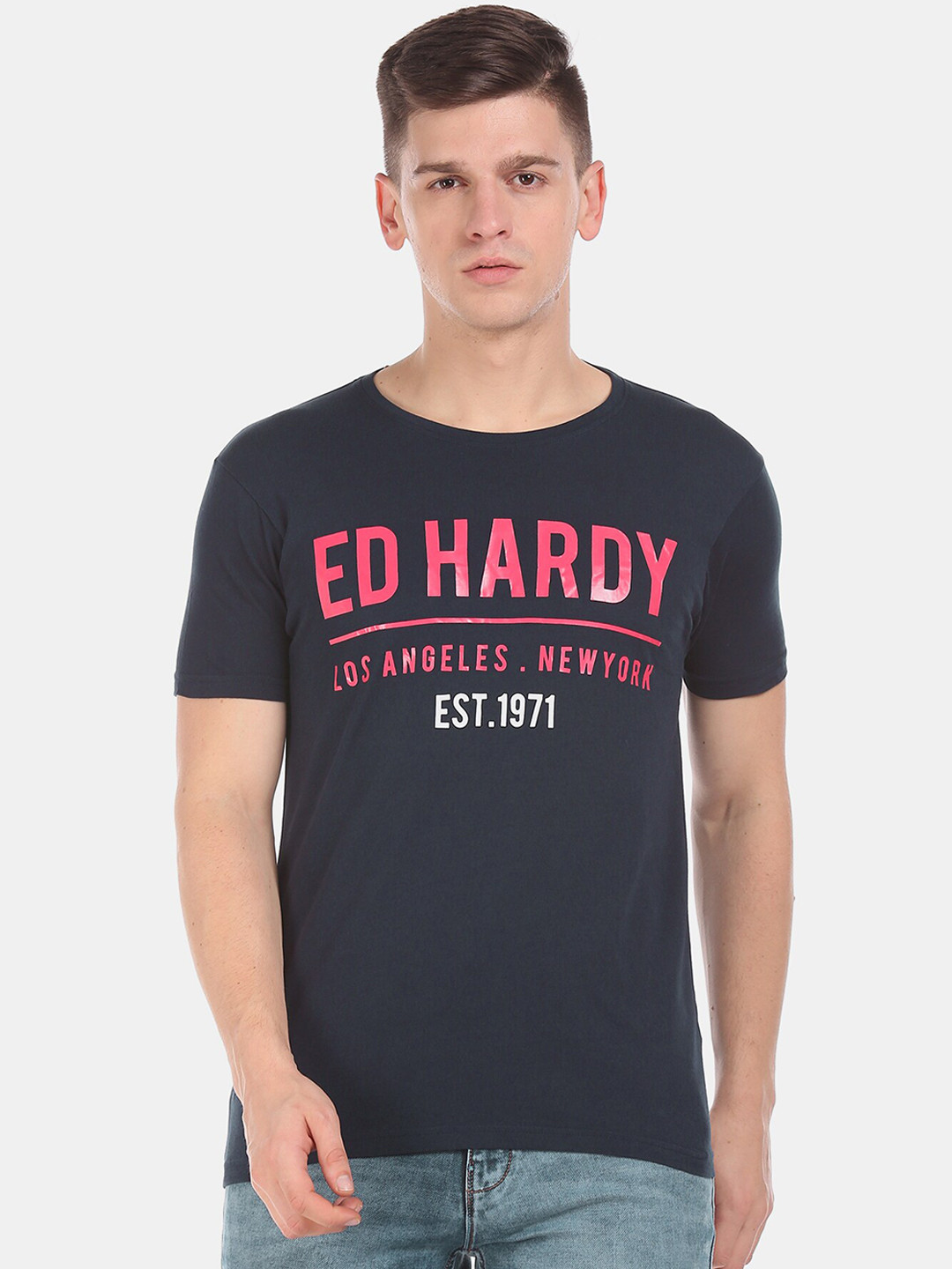 

Ed Hardy Men Blue Printed Round Neck Pure Cotton T-shirt