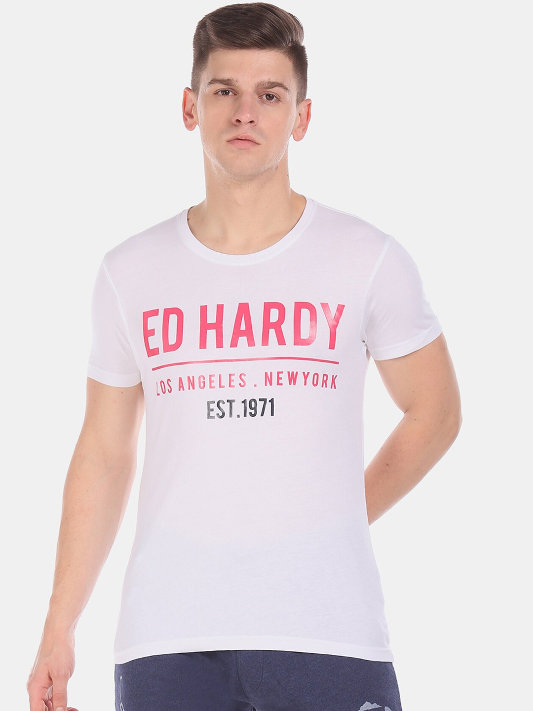 

Ed Hardy Men White Printed Round Neck Pure Cotton T-shirt