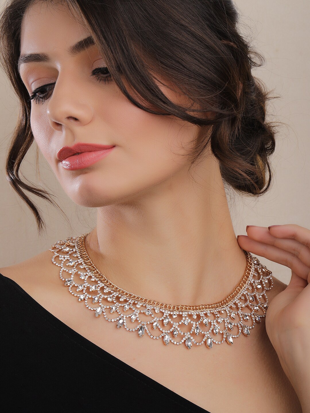 

Rubans Gold Toned Handcrafted Zircon Stone Necklace, White