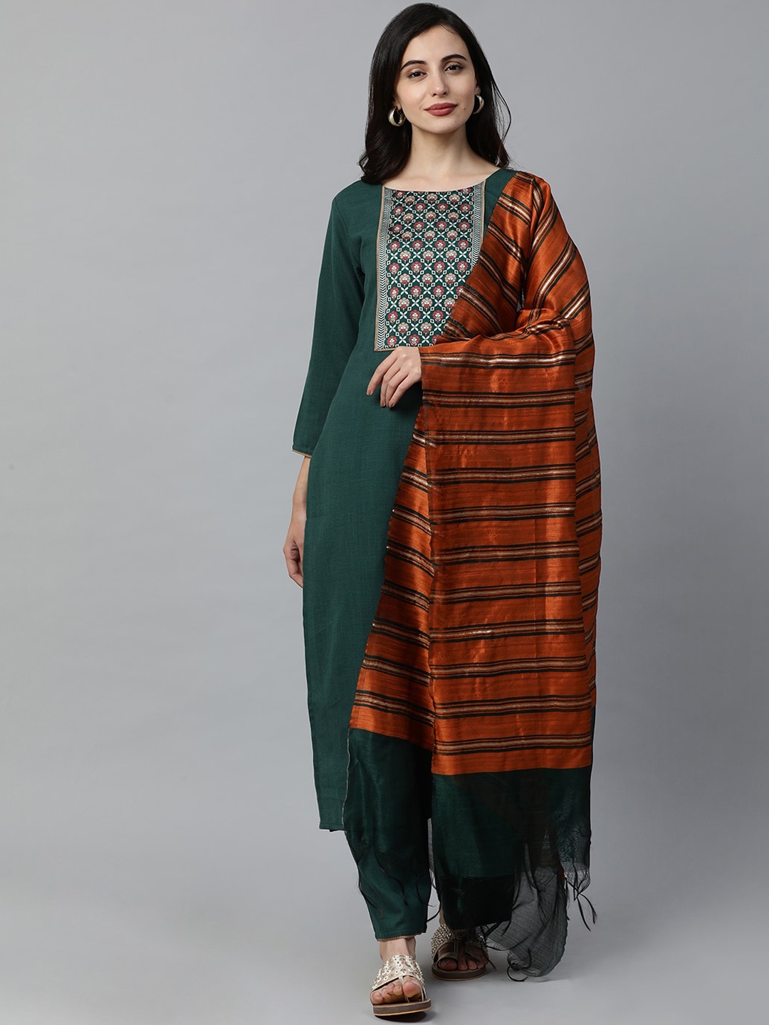 

Indo Era Women Green & Orange Yoke Design Kurta with Palazzos & Dupatta