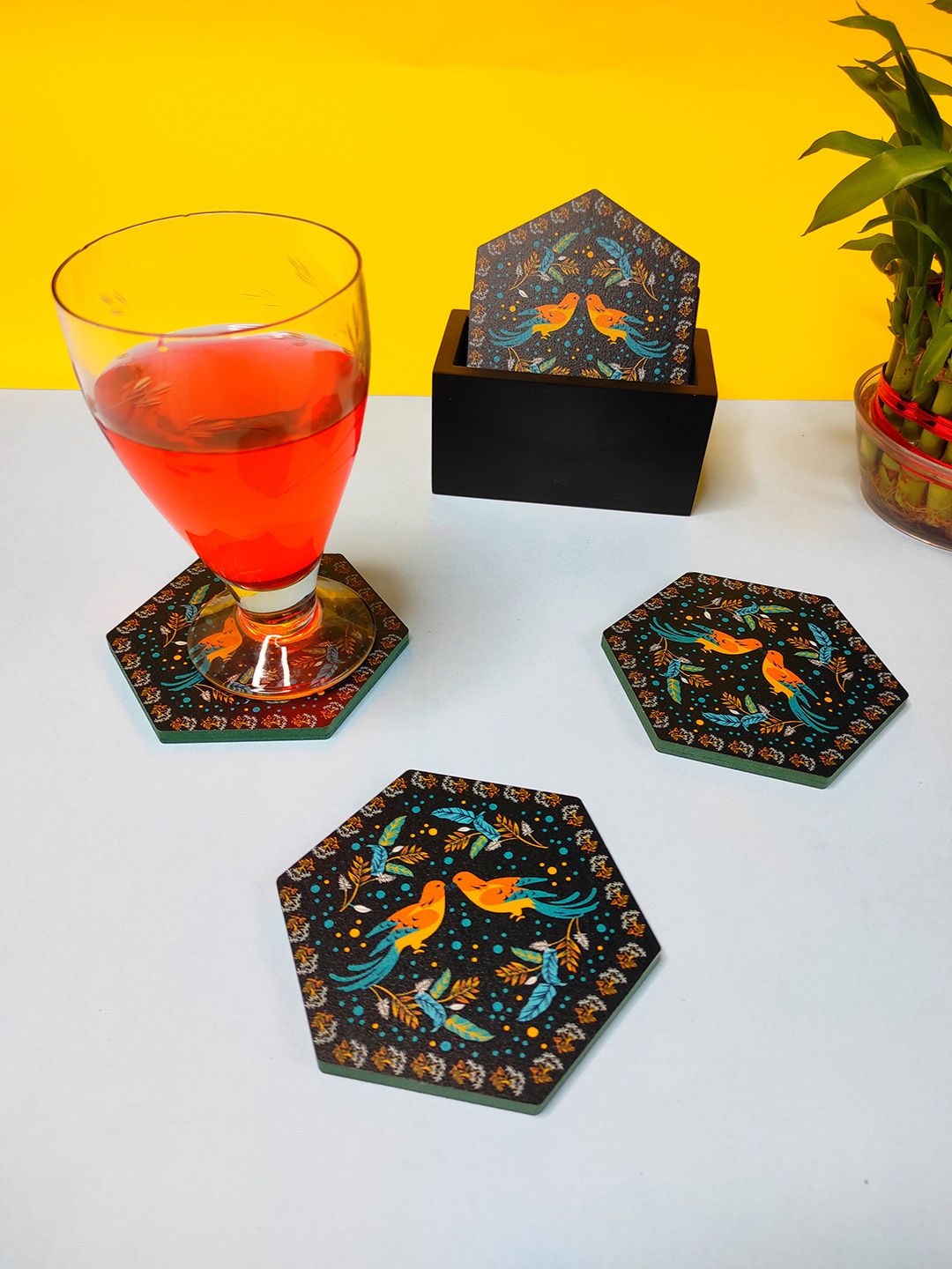 

CRAYTON Set Of 6 Black & Orange Bird Print Hexagon Wooden Coasters With Holder