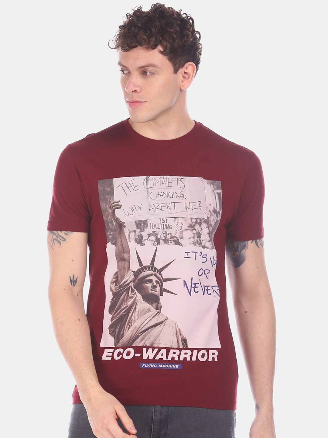 

Flying Machine Men Maroon Printed Round Neck T-shirt