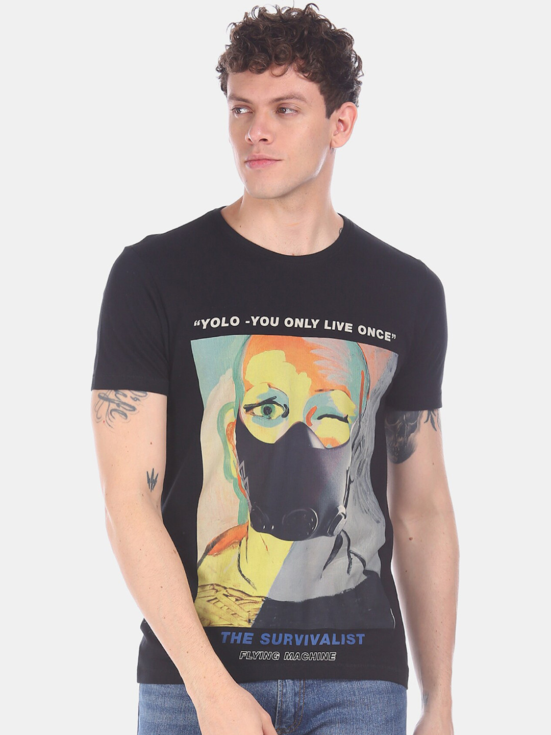 

Flying Machine Men Black Printed Round Neck Pure Cotton T-shirt