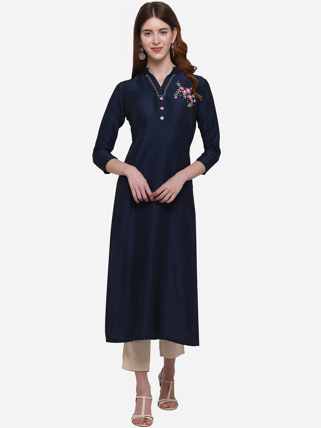 

Kvsfab Women Navy Blue & Pink Embroidered A-Line Kurta