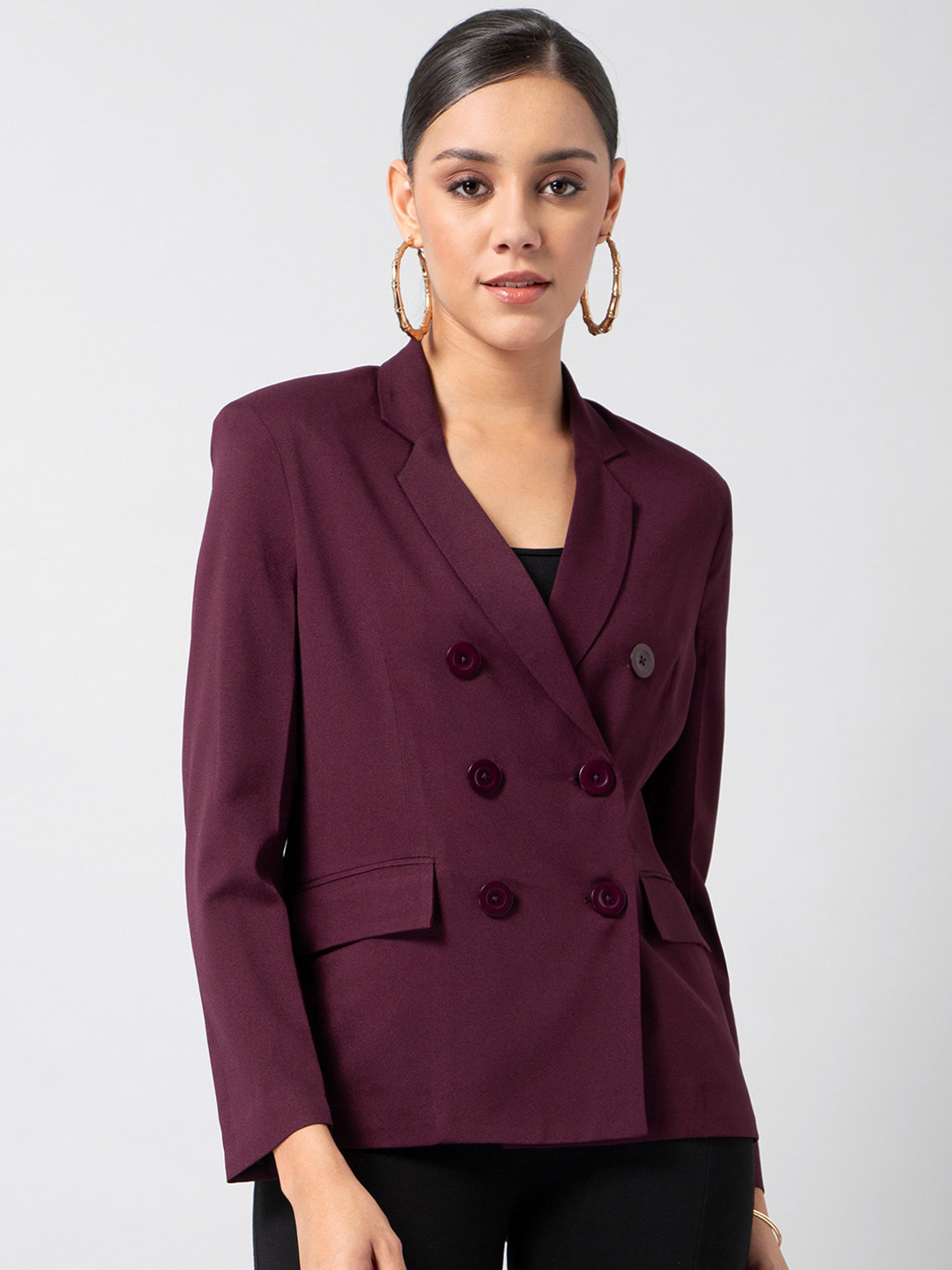 

FabAlley Women Purple Solid Double-Breasted Blazer