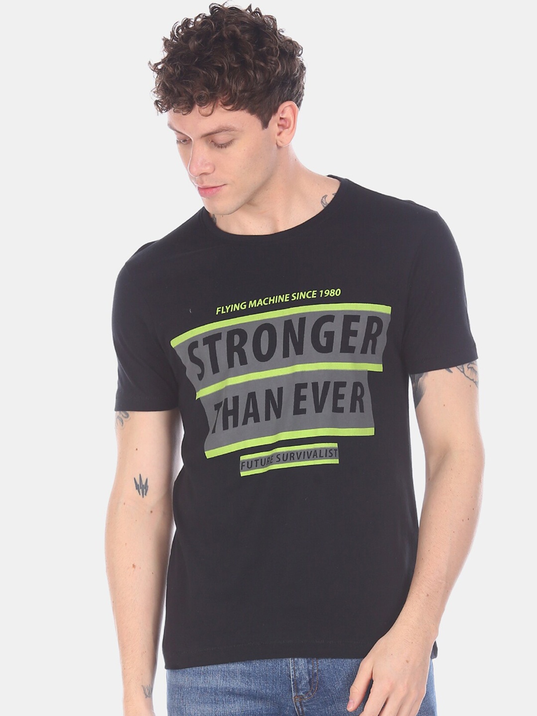 

Flying Machine Men Black Printed Round Neck T-shirt
