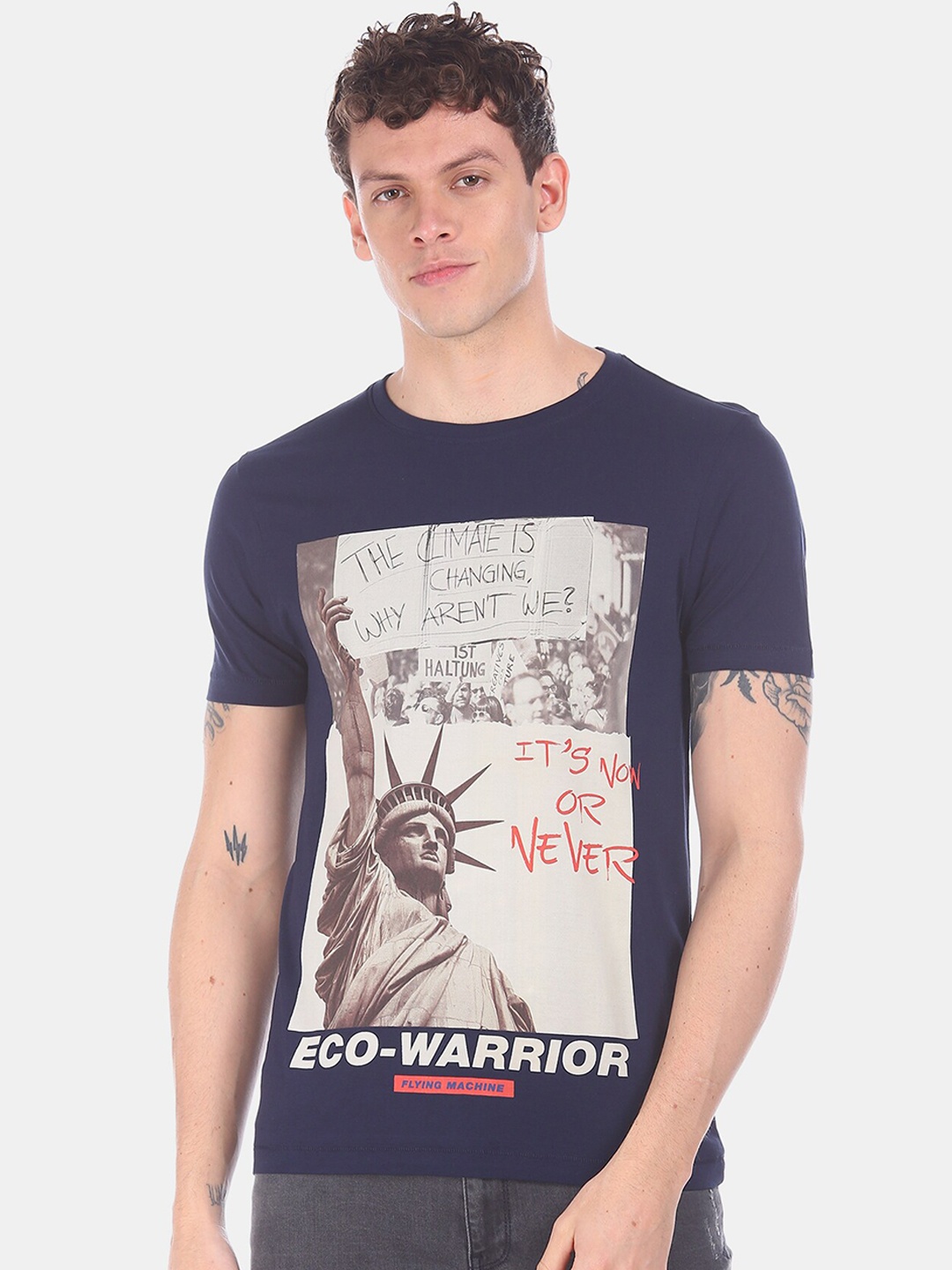 

Flying Machine Men Blue Printed V-Neck T-shirt