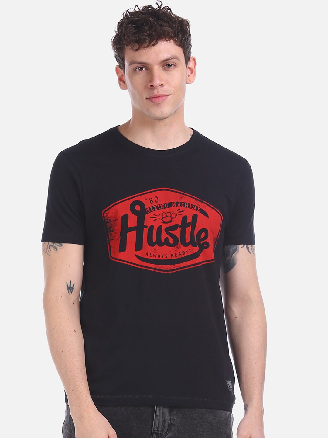 

Flying Machine Men Black Printed Round Neck Pure Cotton T-shirt