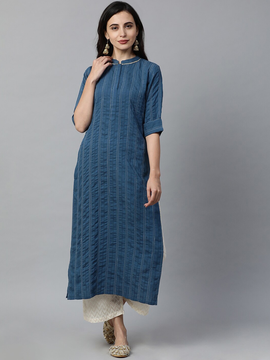 

Indo Era Women Blue & White Striped Straight Kurta