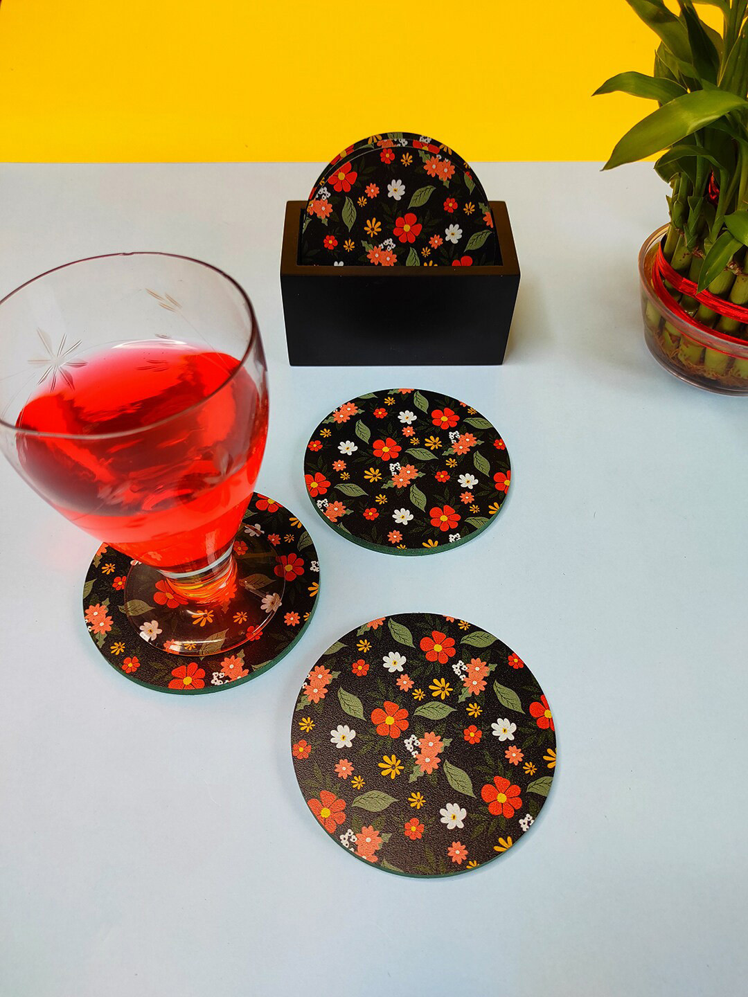 

CRAYTON Set Of 6 Black & Red Floral Print Round Wooden Coasters With Holder