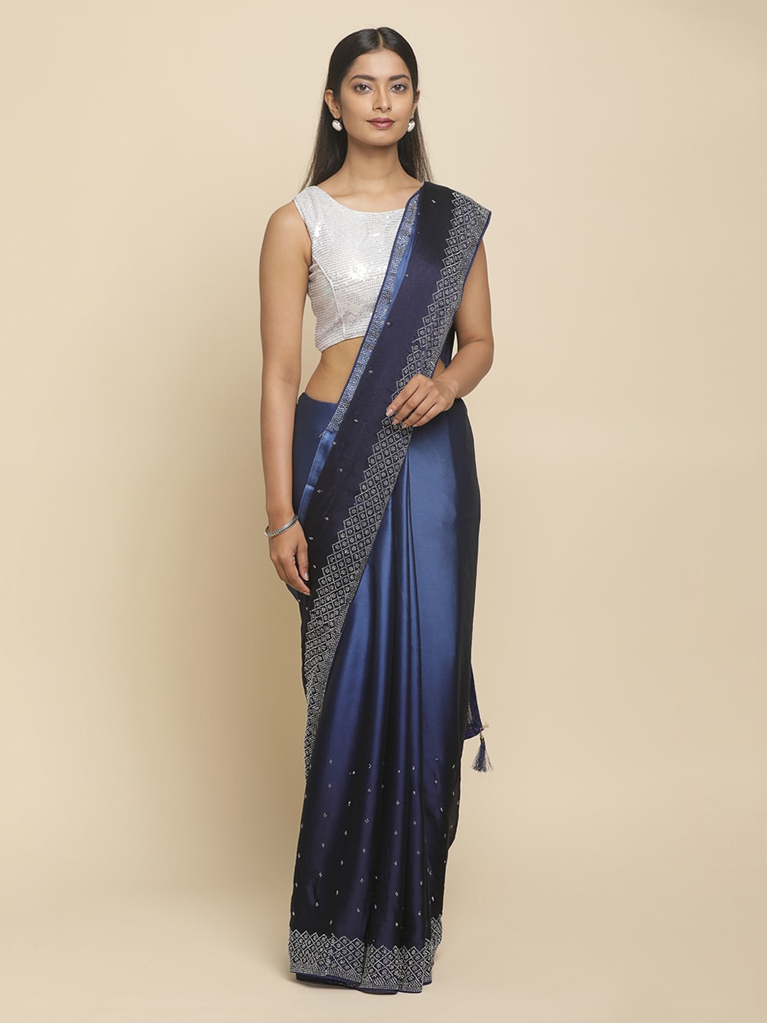 

Koskii Navy Blue Embellished Satin Saree