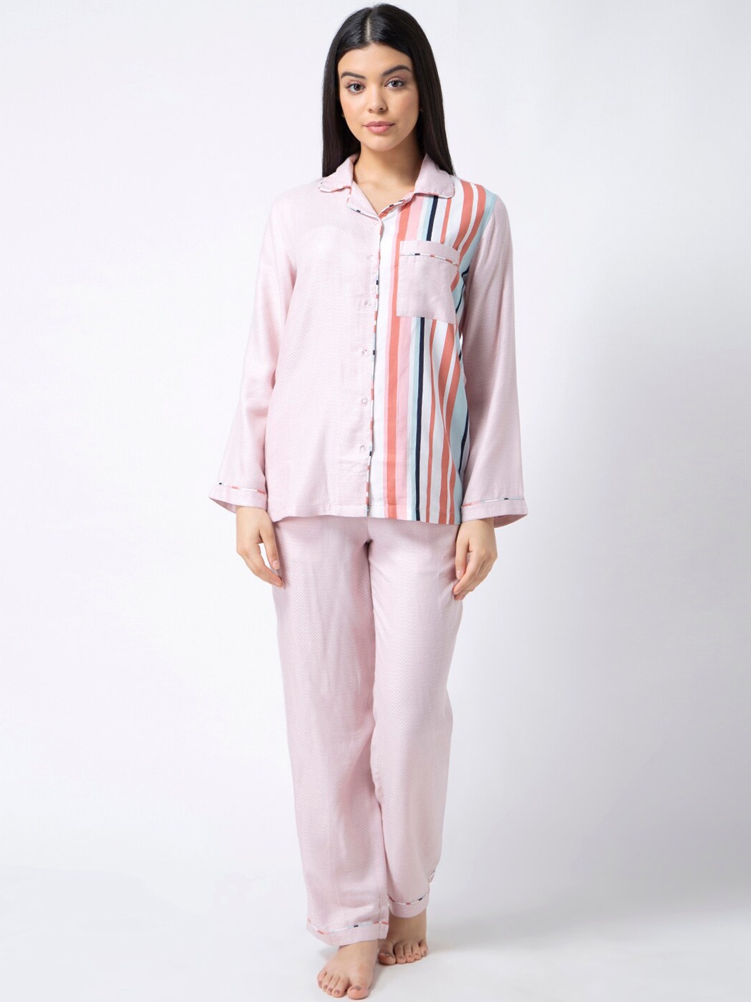 

ADORENITE Women Pink Striped Night suit