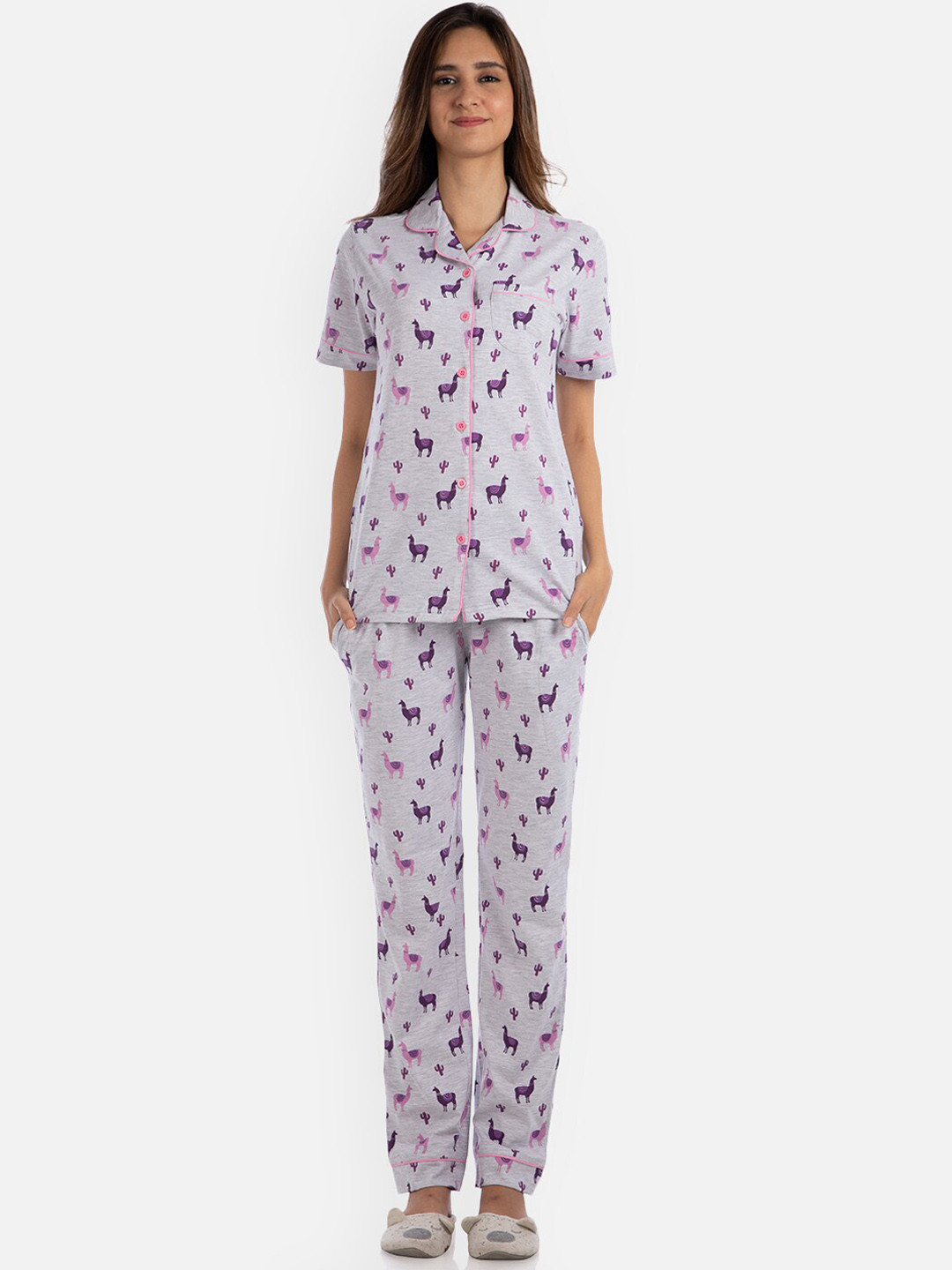 

Nite Flite Women Grey & Purple Printed Night suit