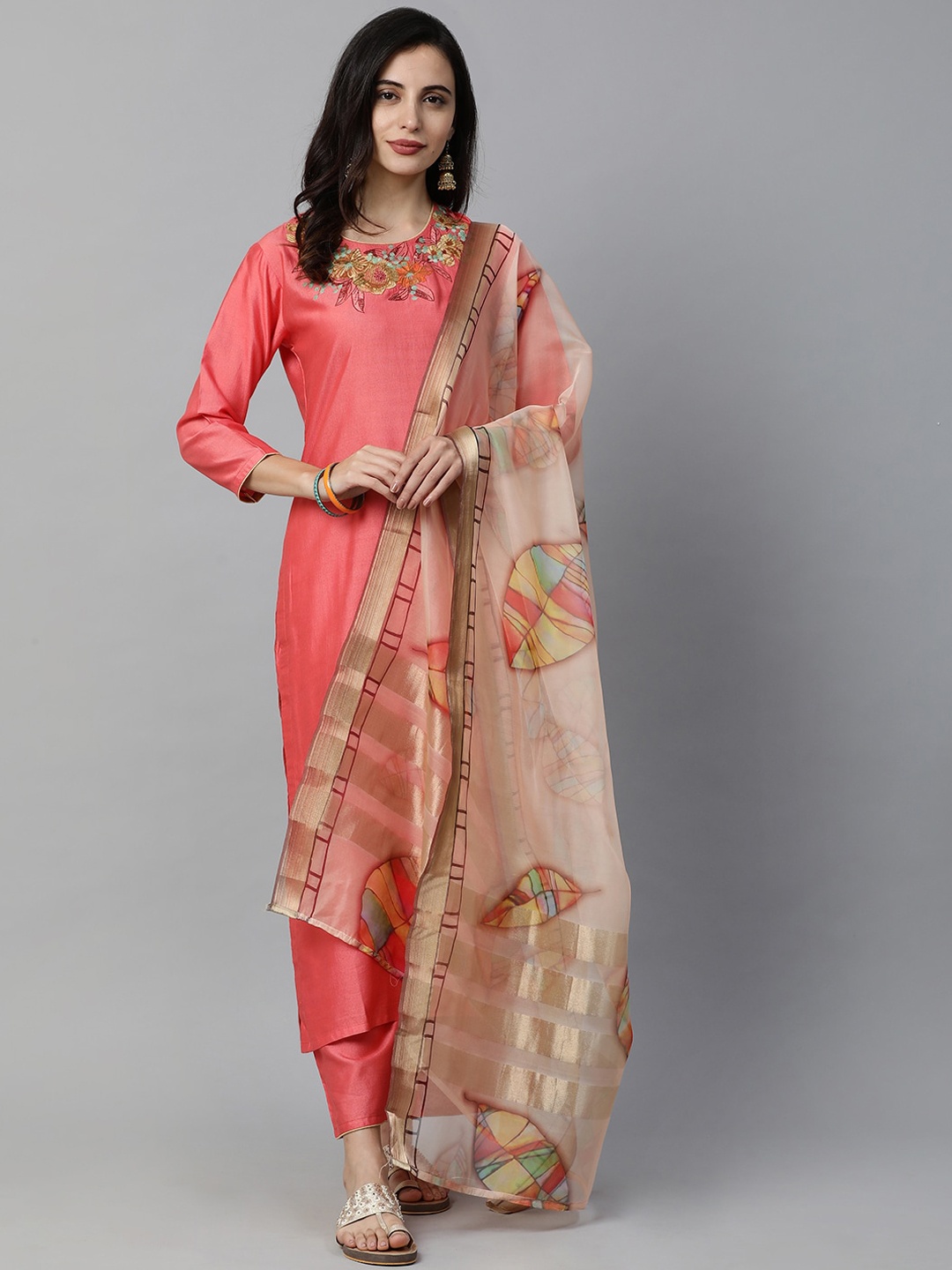 

Indo Era Women Coral Pink & Gold-Coloured Yoke Design Kurta with Trousers & Dupatta