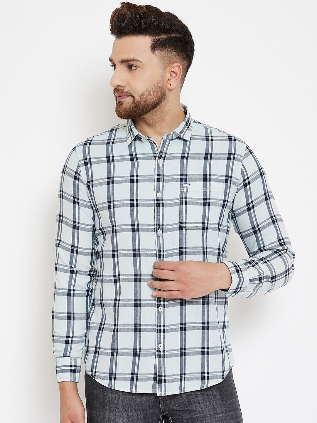 

Canary London Men Grey & Navy Blue Slim Fit Checked Casual Shirt