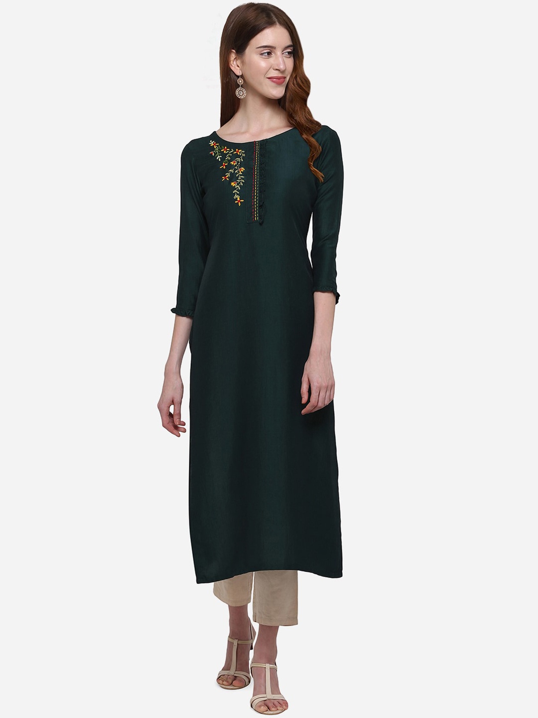 

Kvsfab Women Green Embroidered Straight Kurta