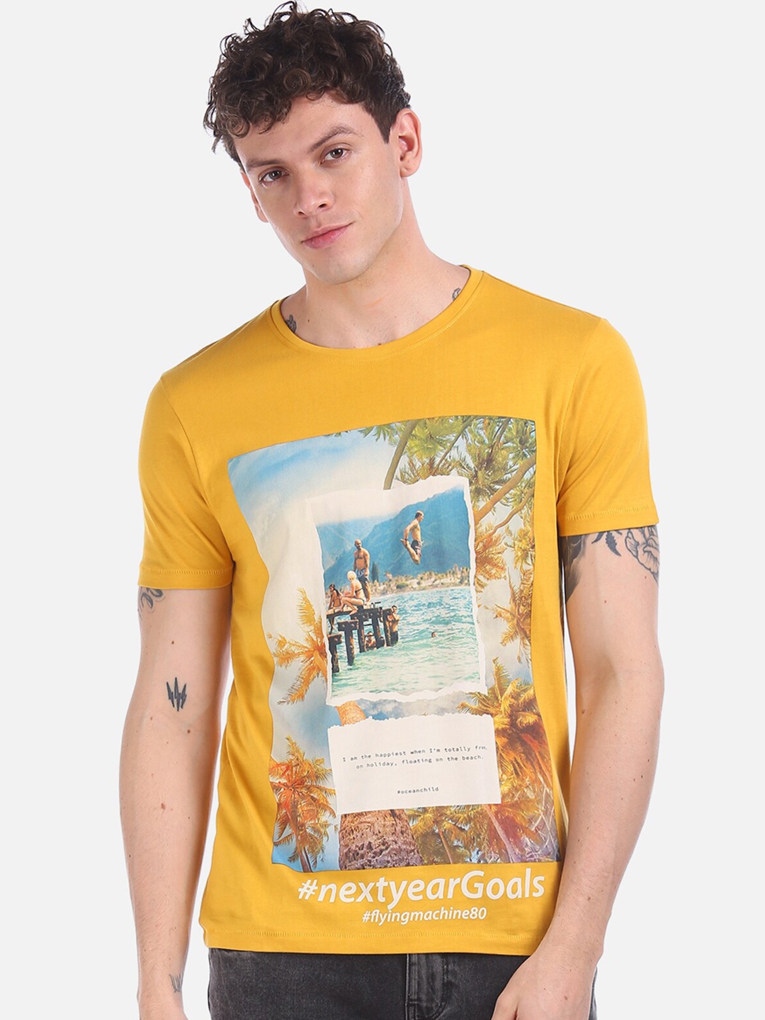 

Flying Machine Men Yellow Printed Round Neck Pure Cotton T-shirt