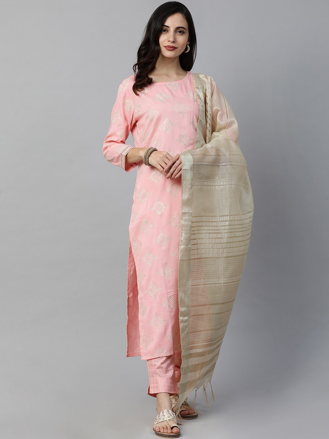 

Indo Era Women Pink & Gold-Toned Printed Kurta with Trousers & Dupatta