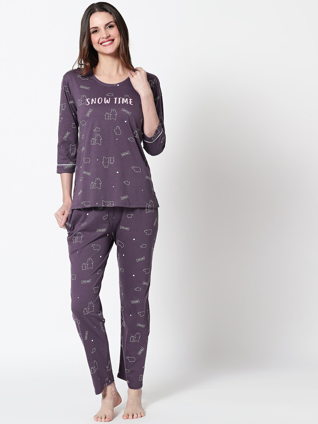 

Zeyo Women Purple & White Printed Night suit