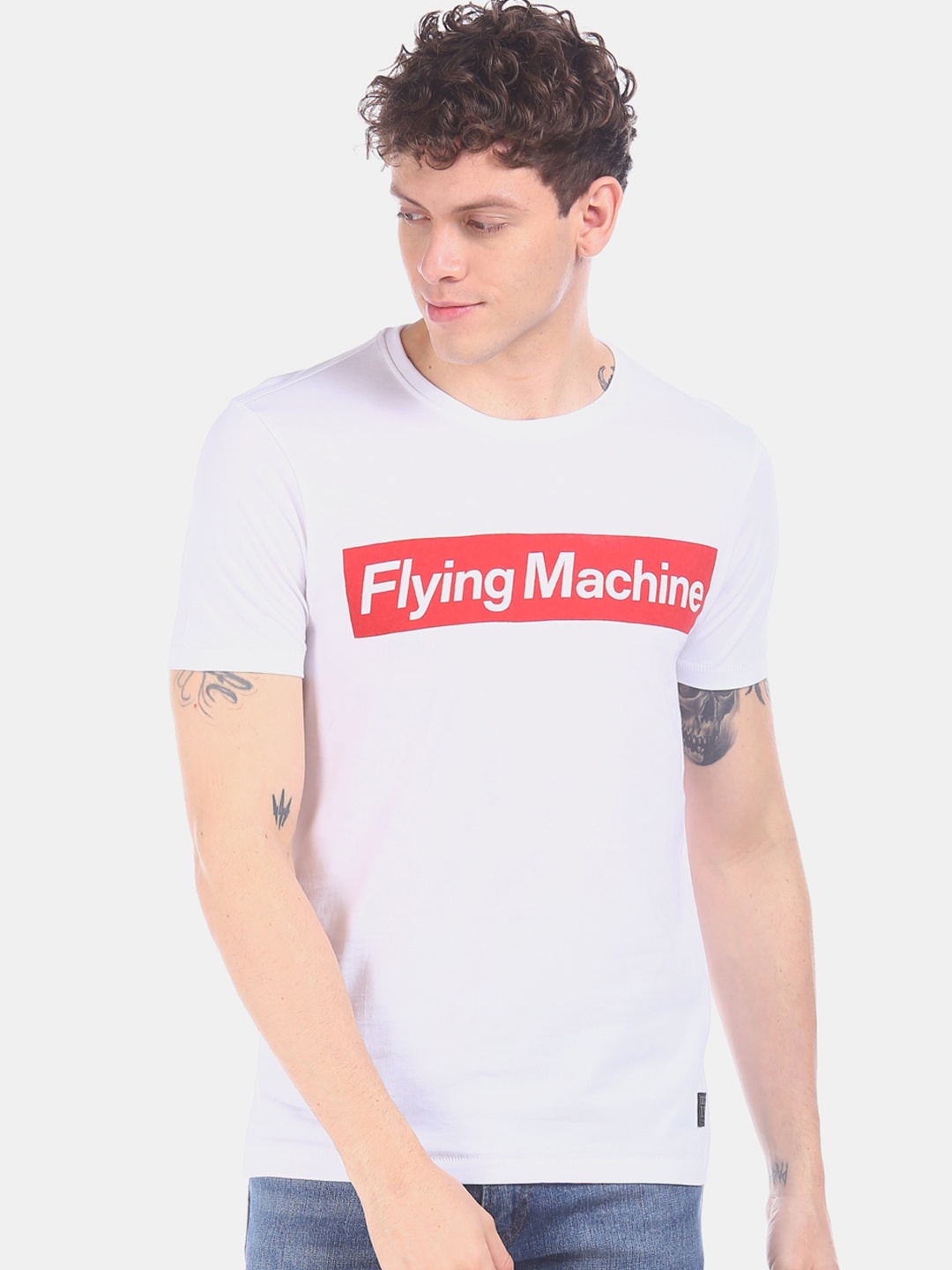 

Flying Machine Men White Printed Round Neck T-shirt