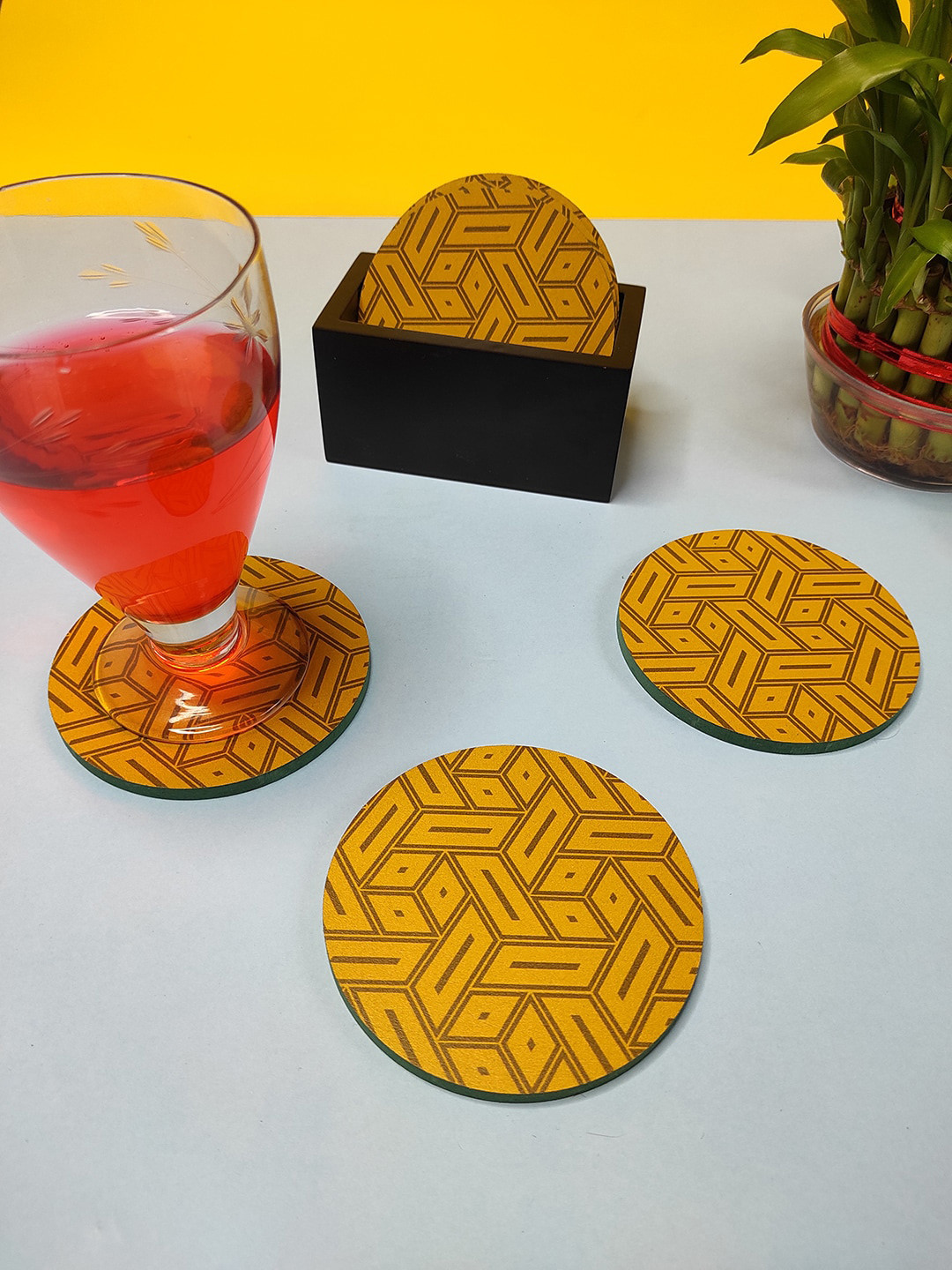 

CRAYTON Set of 6 Yellow & Grey Printed Wooden Coasters with Holder