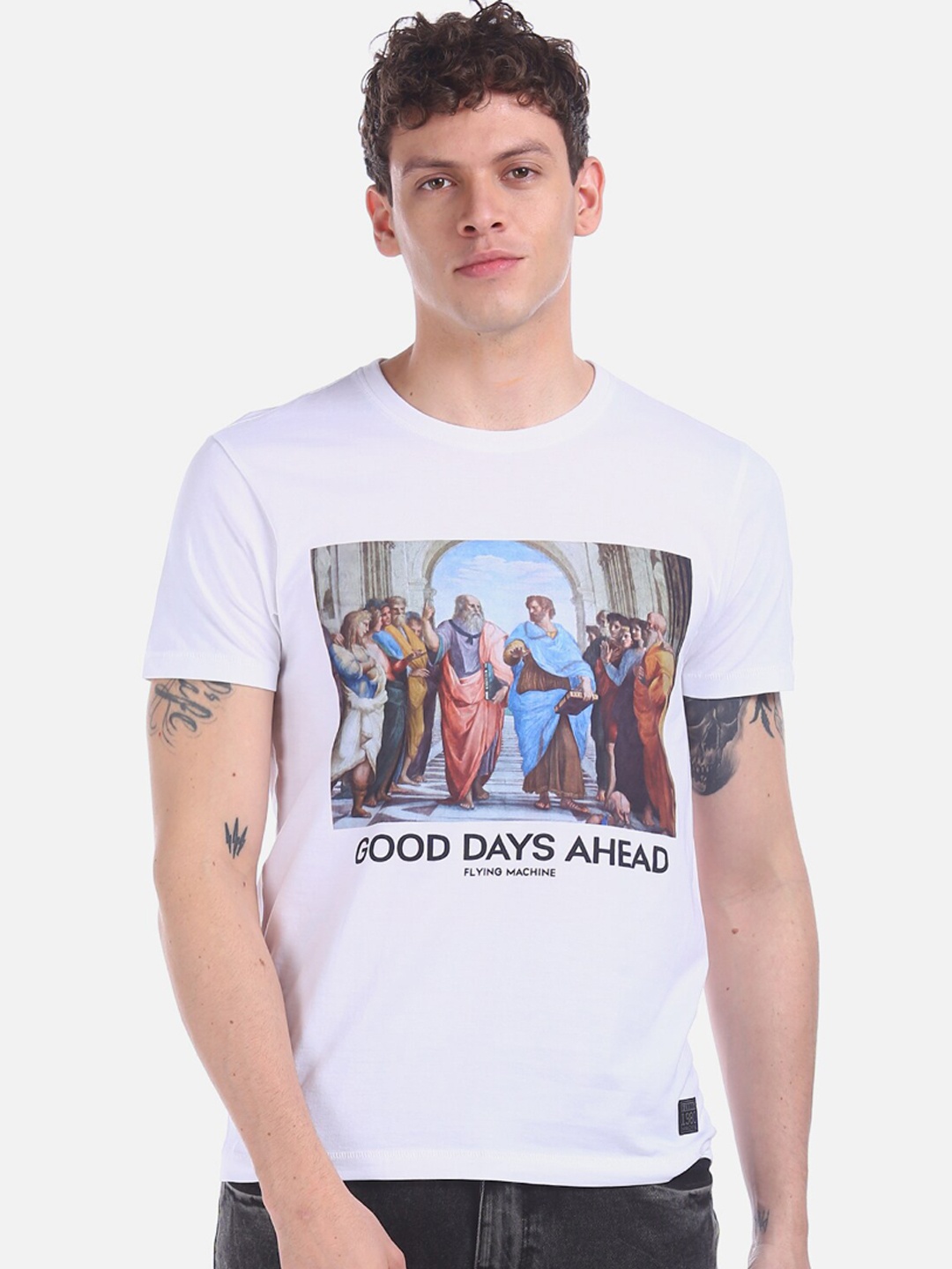 

Flying Machine Men White Printed Round Neck Pure Cotton T-shirt