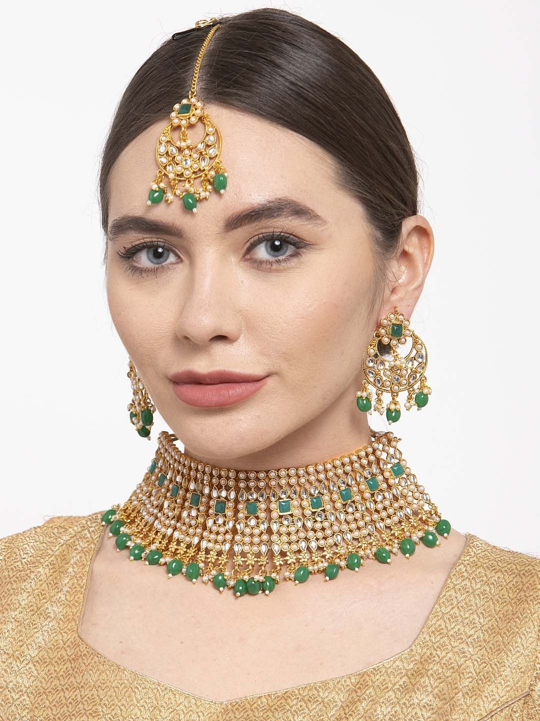 Shining Diva Gold-Plated Green and Off-White Kundan-Studded Pearl Antique Jewellery Set