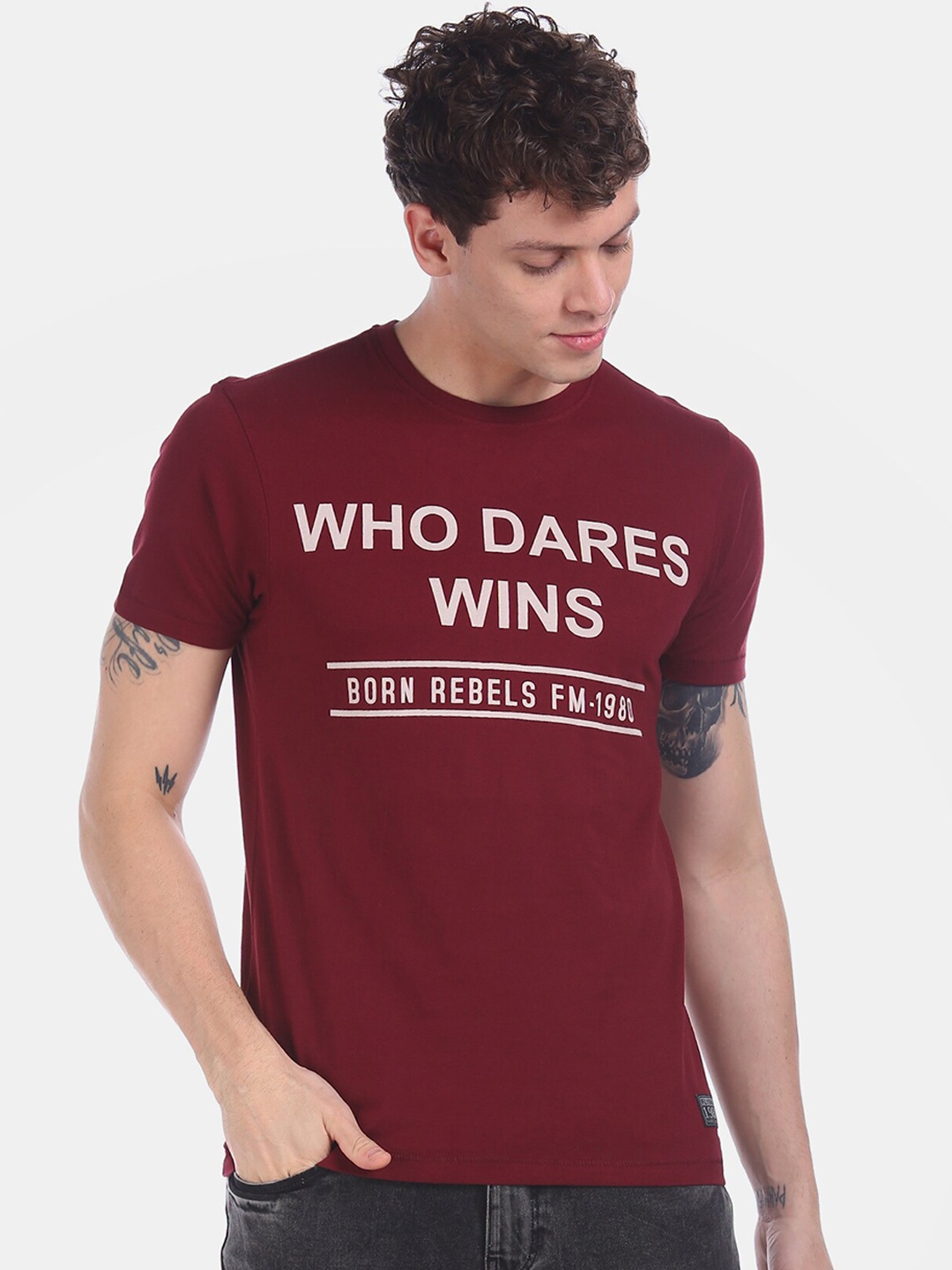 

Flying Machine Men Maroon Printed Round Neck Pure Cotton T-shirt