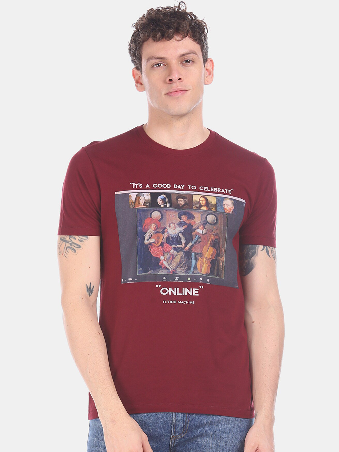 

Flying Machine Men Maroon Printed Round Neck T-shirt