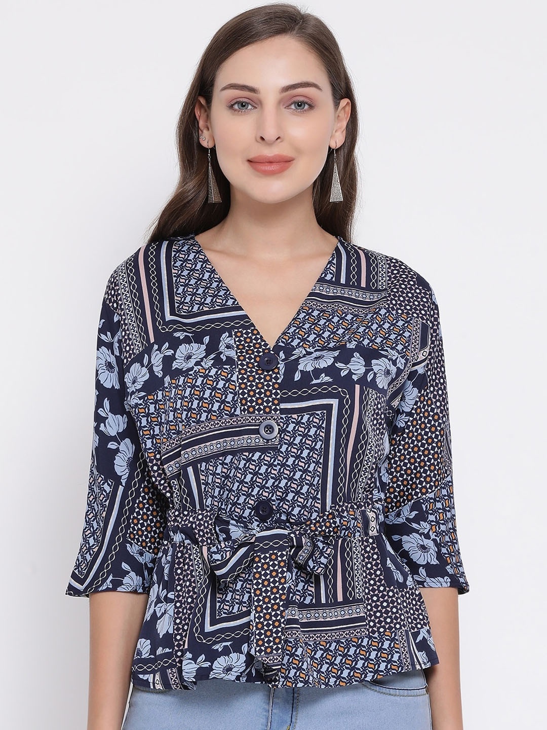 

Oxolloxo Women Navy Blue Printed Cinched Waist Top