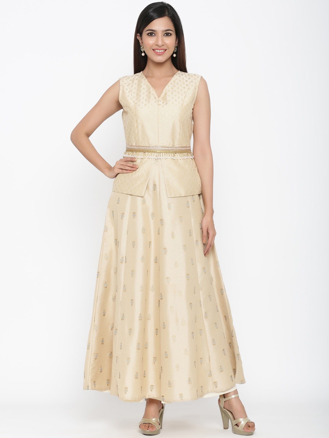 

Juniper Women Cream-Coloured Self Design Maxi Dress