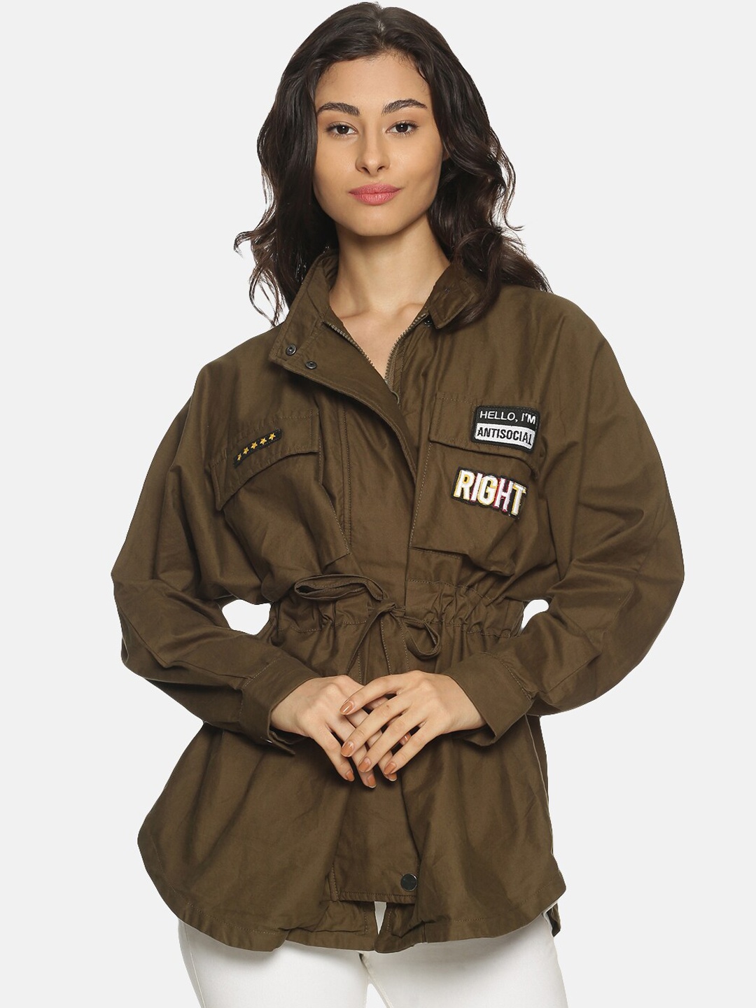 

Campus Sutra Women Olive Green Solid Windcheater Tailored Jacket