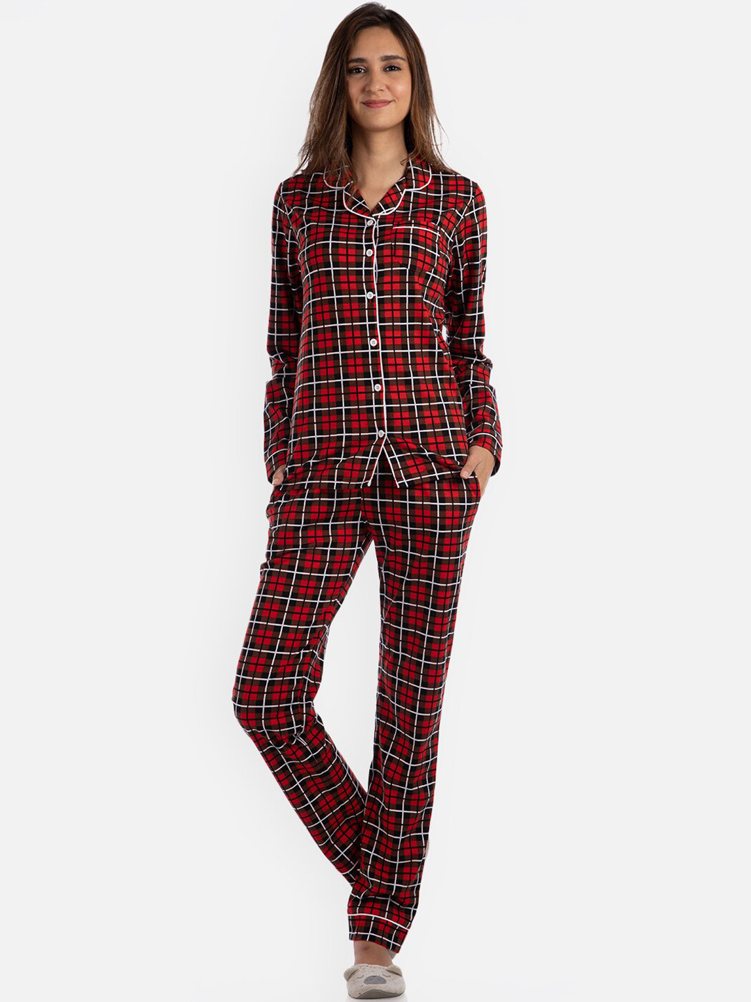 

Nite Flite Women Red & Black Checked Night suit