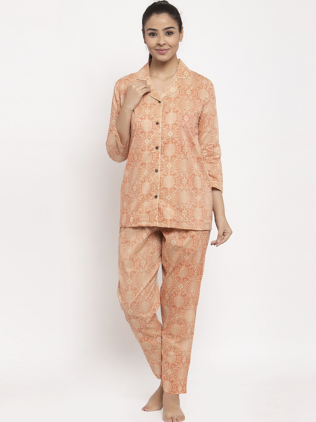 

Aujjessa Women Beige & Red Printed Night suit