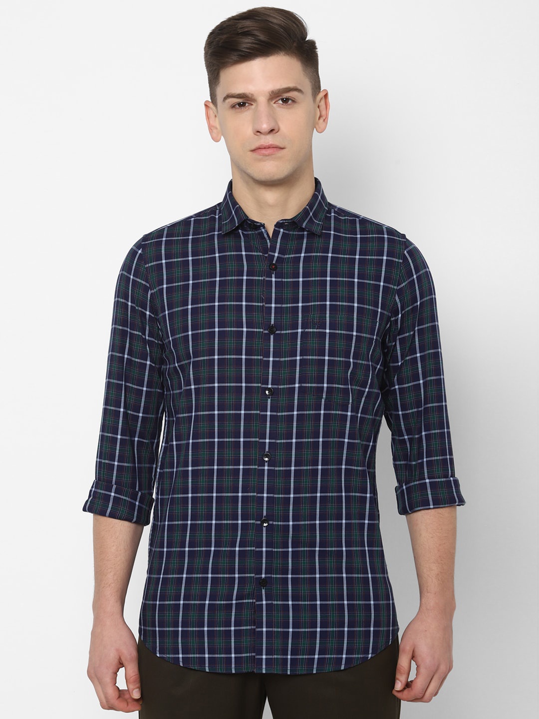 

Allen Solly Men Navy Blue & Green Slim Fit Checked Casual Shirt