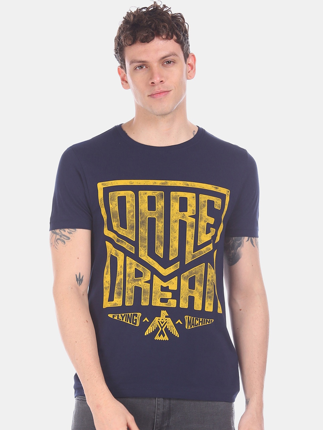 

Flying Machine Men Blue & Yellow Printed Round Neck T-shirt