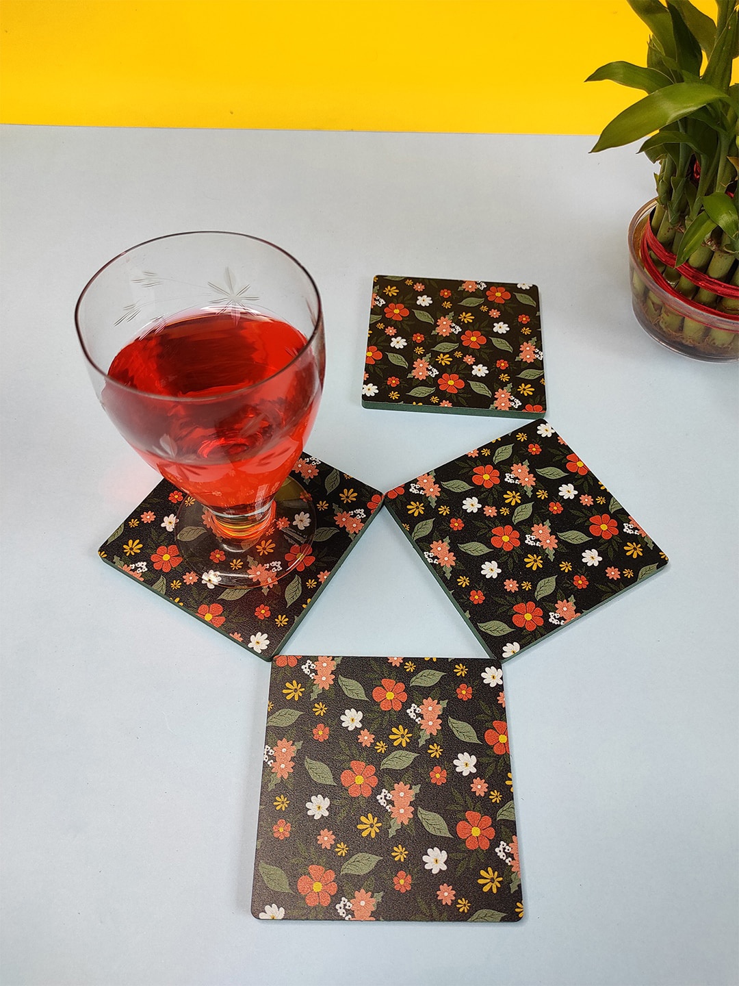 

CRAYTON Set of 4 Black Floral Printed Wooden Coasters