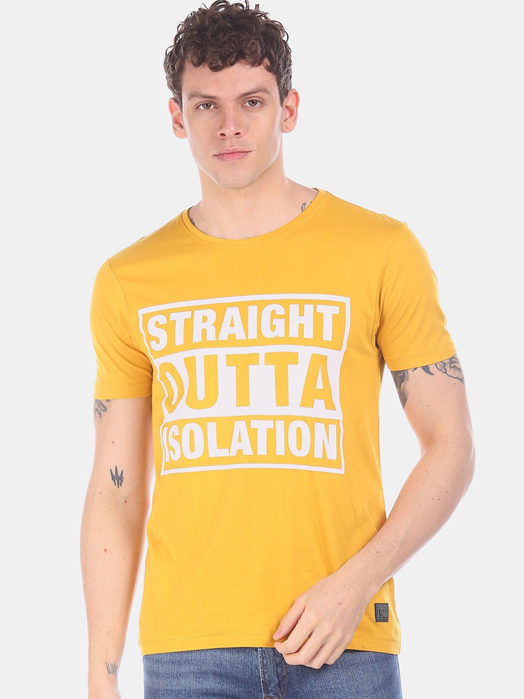 Flying Machine Men Yellow Printed Round Neck Pure Cotton T-shirt
