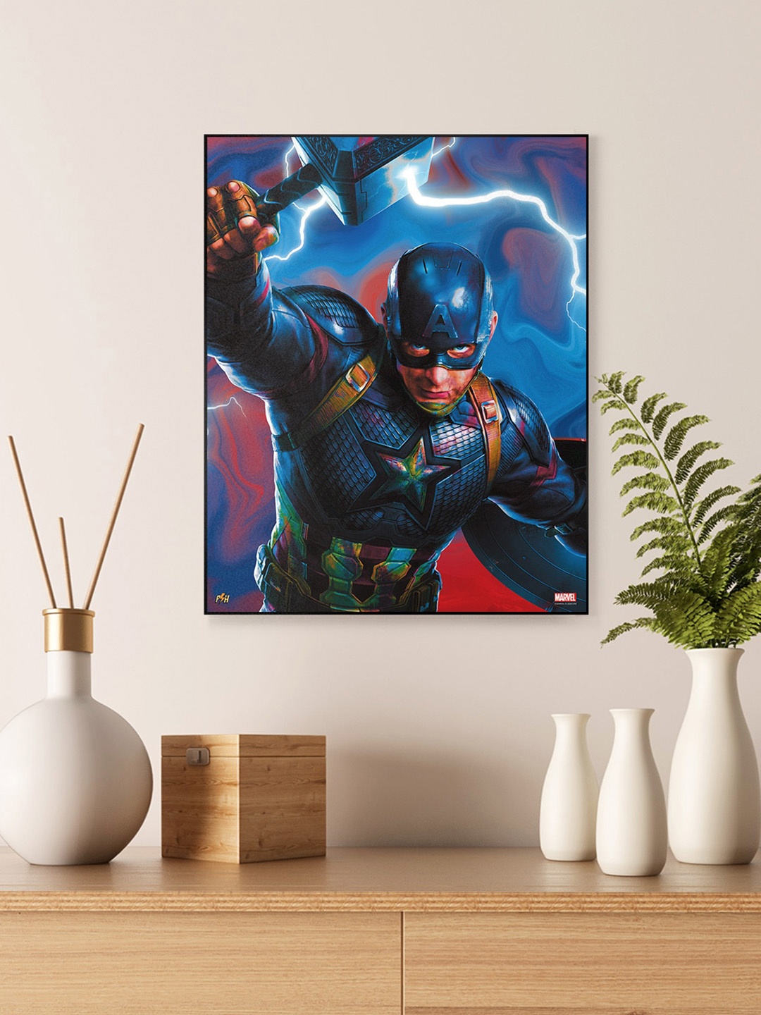 

Planet Superheroes Blue & Red Captain America With Mjolnir Framed Wall Art