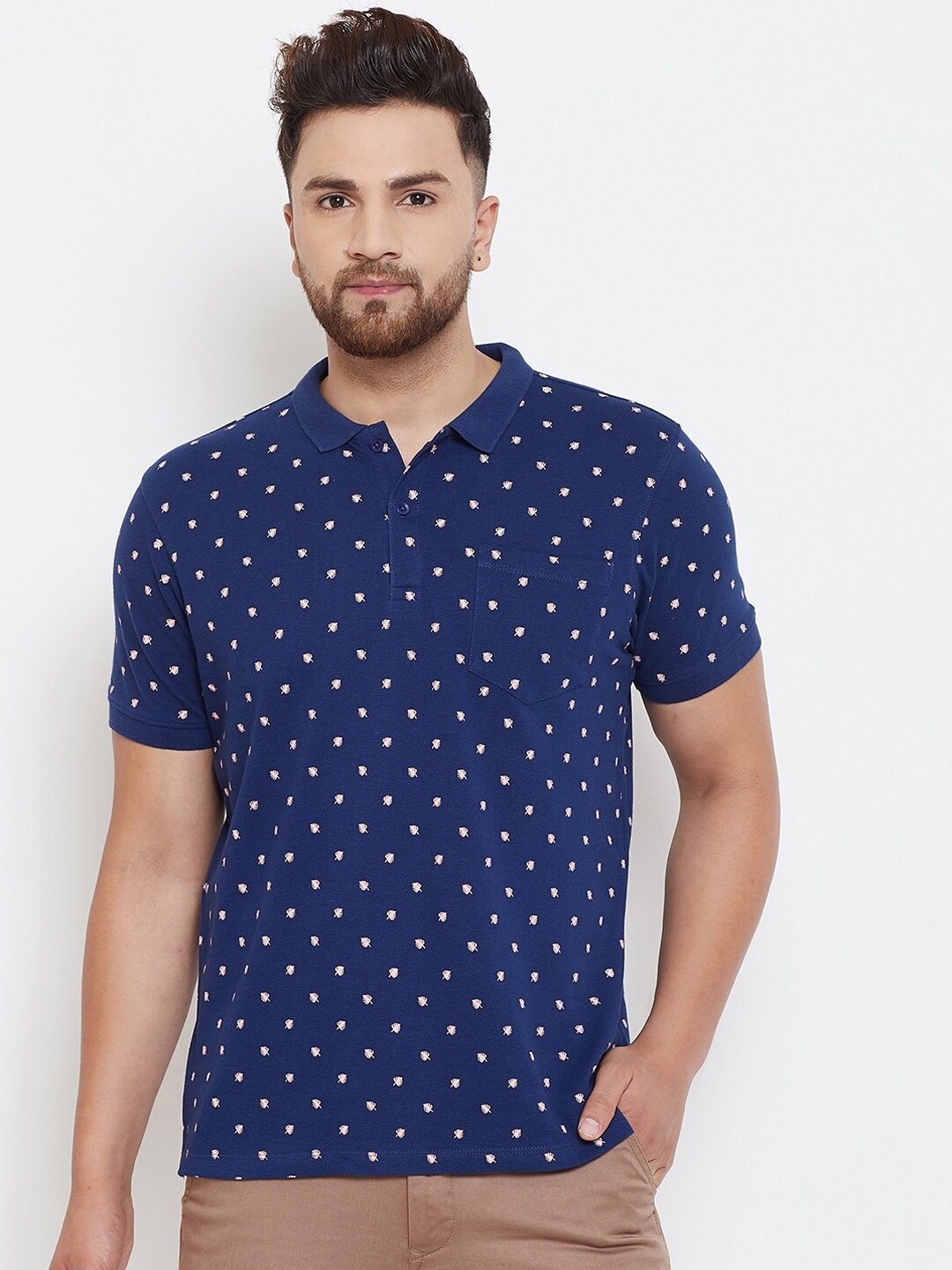 

Canary London Men Navy Blue Printed Polo Collar T-shirt