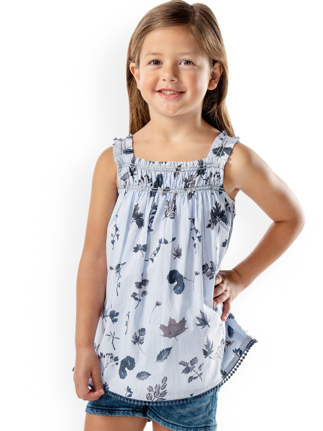 

Cherry Crumble Girls Blue Floral Printed Smocked A-Line Top