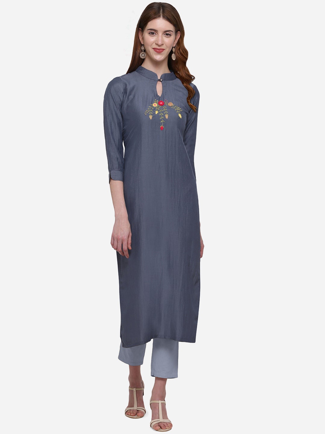 

Kvsfab Women Grey Embroidered Straight Kurta