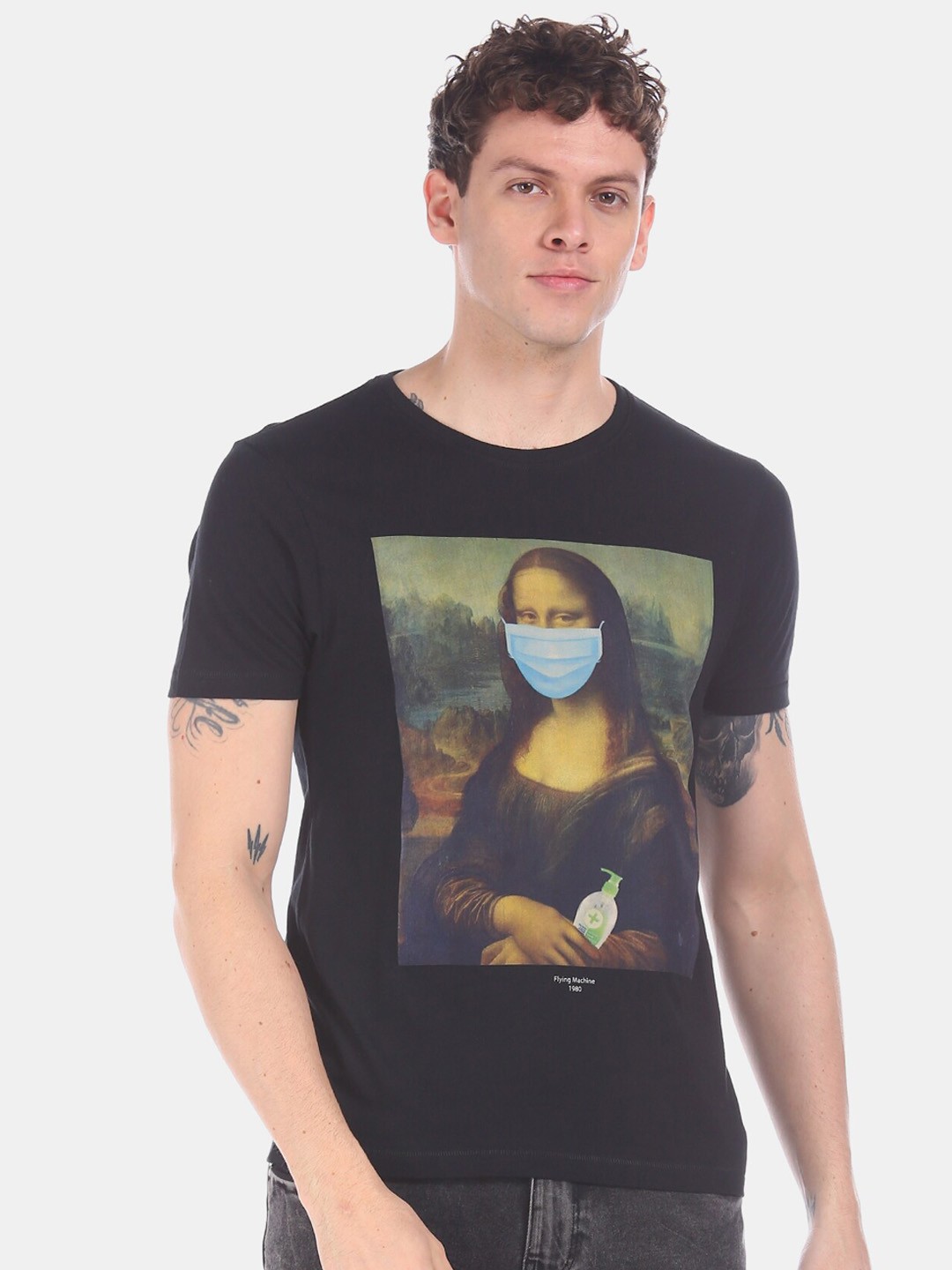 

Flying Machine Men Black Mona Lisa Printed Round Neck Pure Cotton T-shirt