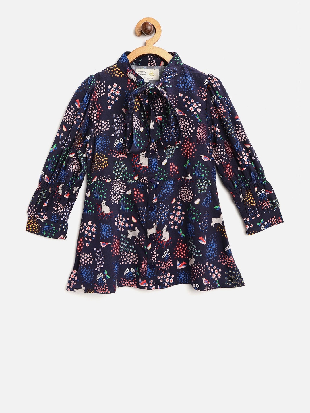 

Cherry Crumble Girls Navy Blue Printed Shirt Style Top