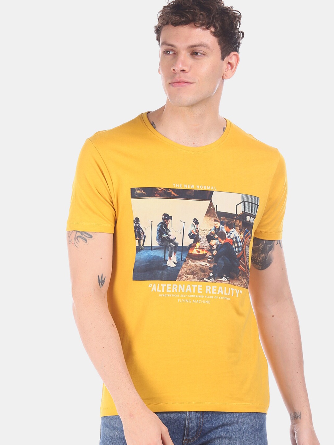

Flying Machine Men Yellow Printed Round Neck Pure Cotton T-shirt