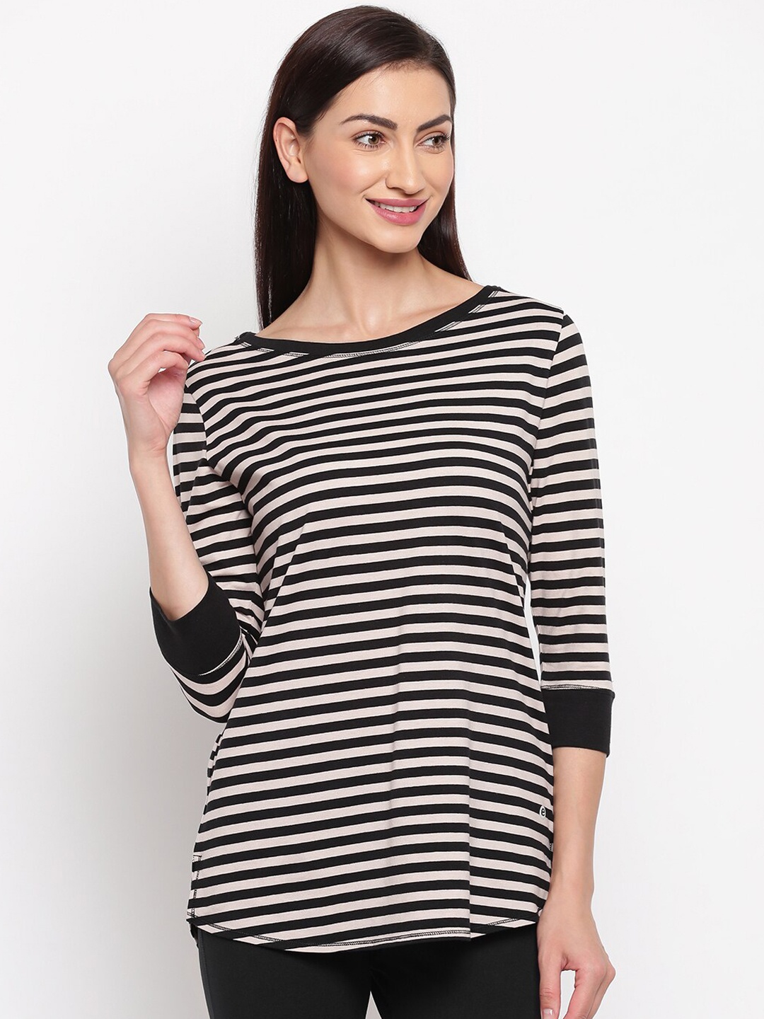 

Enamor Women Striped Longline Cotton Slim Fit T-shirt, Black
