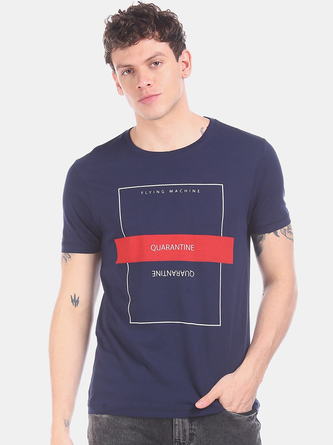 

Flying Machine Men Navy Blue Printed Round Neck T-shirt